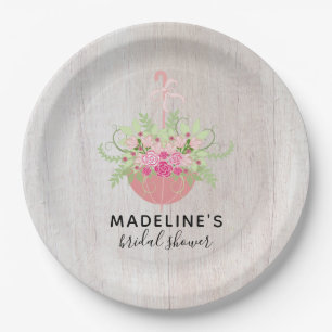 Rustic Umbrella Roses on Wood Bridal Shower Paper Plate