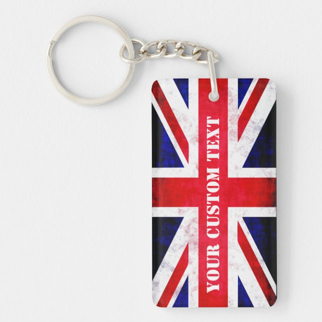 Rustic Union Jack UK Flag Custom Text Key Ring (Front)