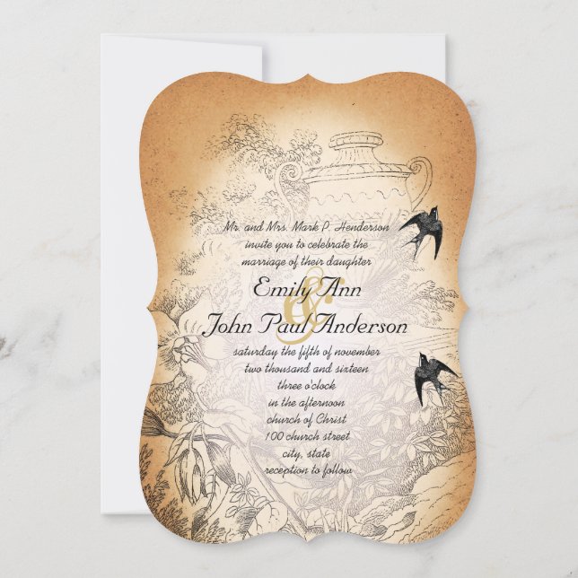 Rustic Urn Floral Vintage Birds Wedding  Invitation (Back)