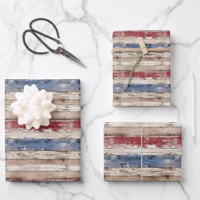 Rustic USA flag patriotic blue and red old wooden Wrapping Paper Sheet (Front)