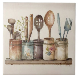 Rustic Utensils Watercolors Fatmhouse Ceramic Tile