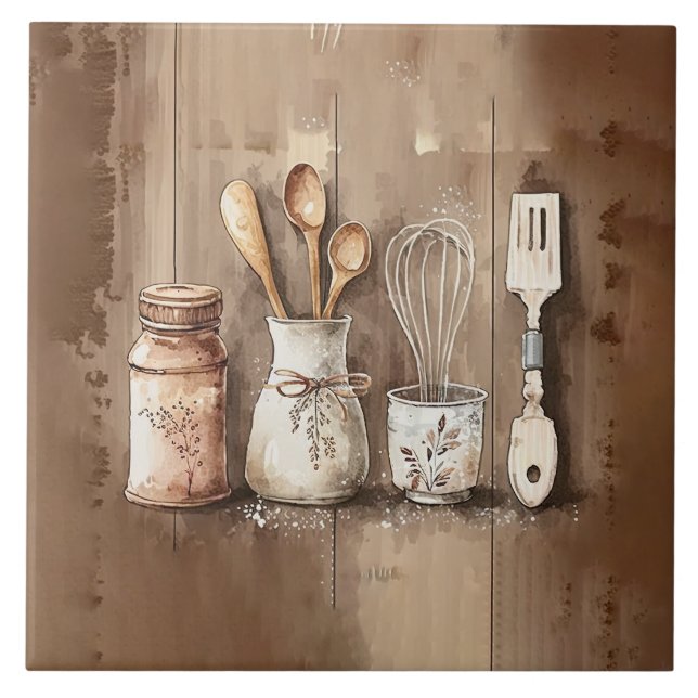 Rustic Utensils Watercolors Faux Wood Ceramic Tile (Front)