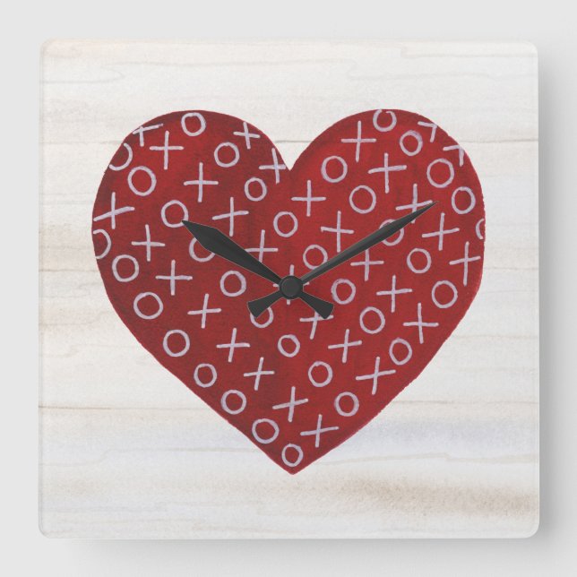 Rustic Valentine | Hugs & Kisses Heart Square Wall Clock (Front)