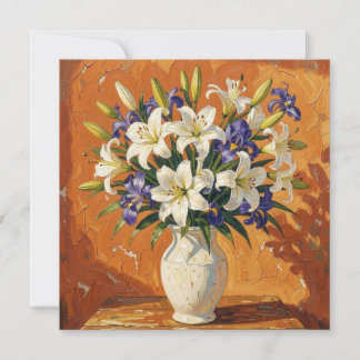 Rustic Vase with Lilies and Iris Flowers Card
