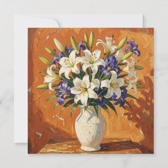 Rustic Vase with Lilies and Iris Flowers Card (Front)