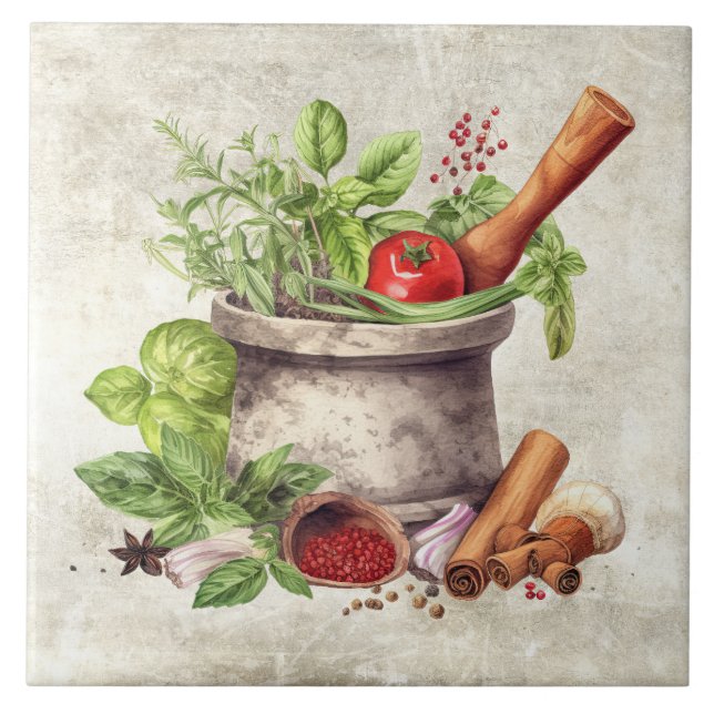 Rustic Vegetables Herbs Faux Texture Kitchen Ceramic Tile (Front)