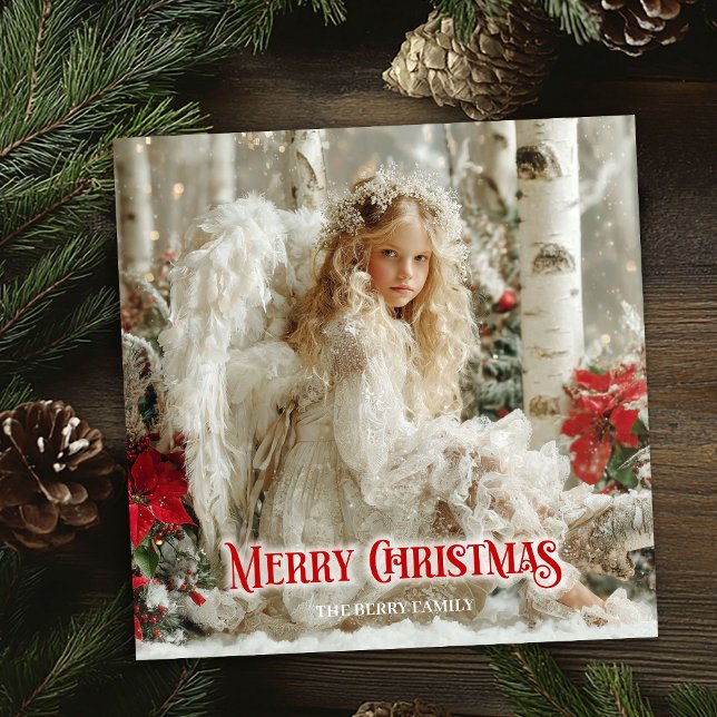 Rustic victorian angel red poinsettias seasonal   holiday card (Rustic victorian angel red poinsettias seasonal card)