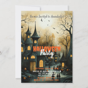 Rustic Village Bats Pumpkins Halloween Party Invitation