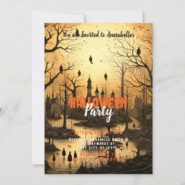 Rustic Village Bats Setting Sun Halloween Party Invitation (Front)