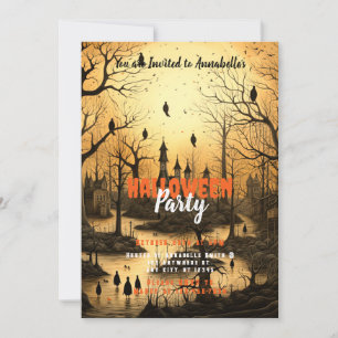 Rustic Village Bats Setting Sun Halloween Party Invitation