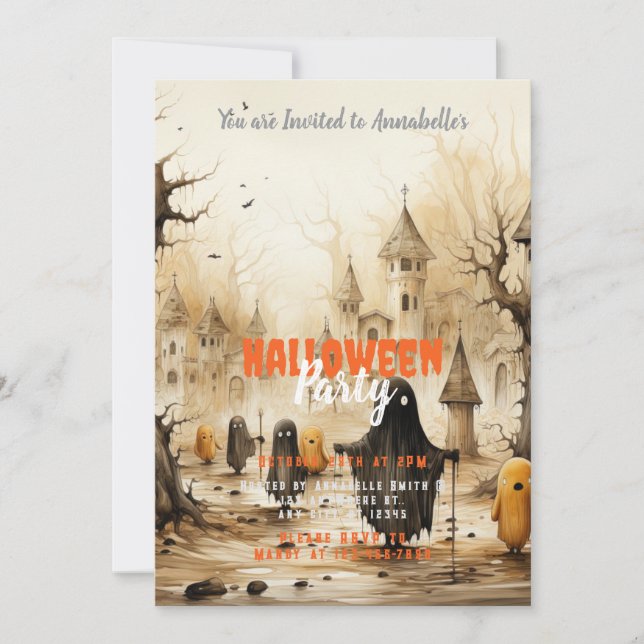 Rustic Village Ghosts Bats Halloween Party Invitation (Front)