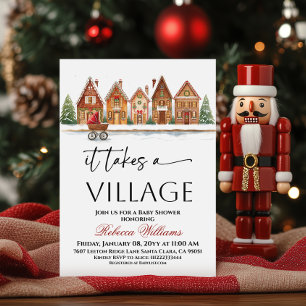Rustic Village Houses Stroller Winter Baby Shower Invitation