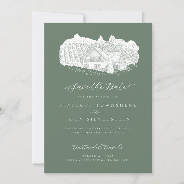 Rustic Vineyard Illustration Sage Green Wedding Save The Date (Front)
