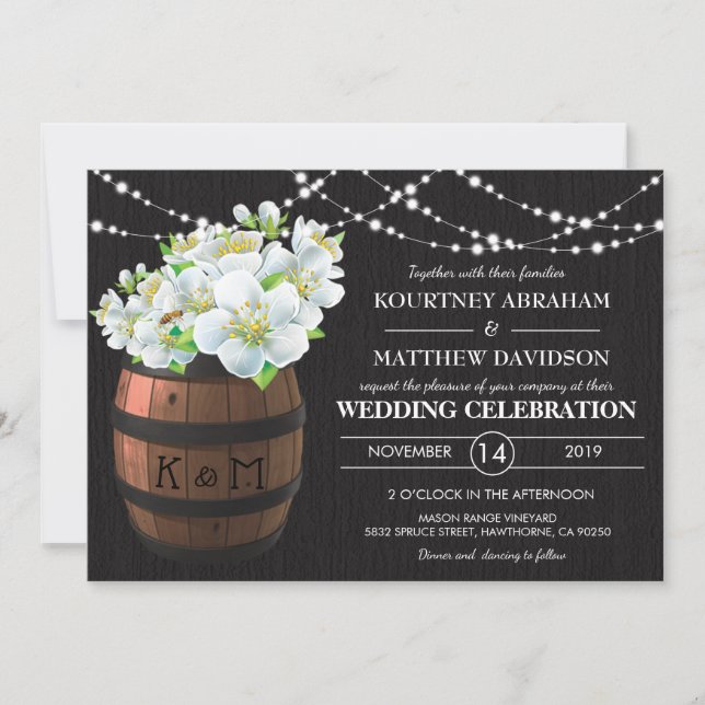 Rustic Vineyard String Lights White Floral Wedding Invitation (Front)