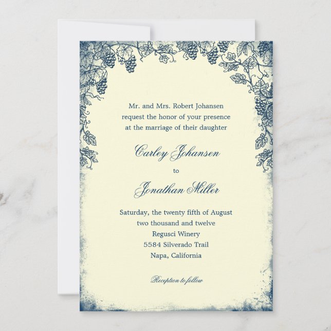 Rustic Vineyard Wedding Invitation - Navy (Front)