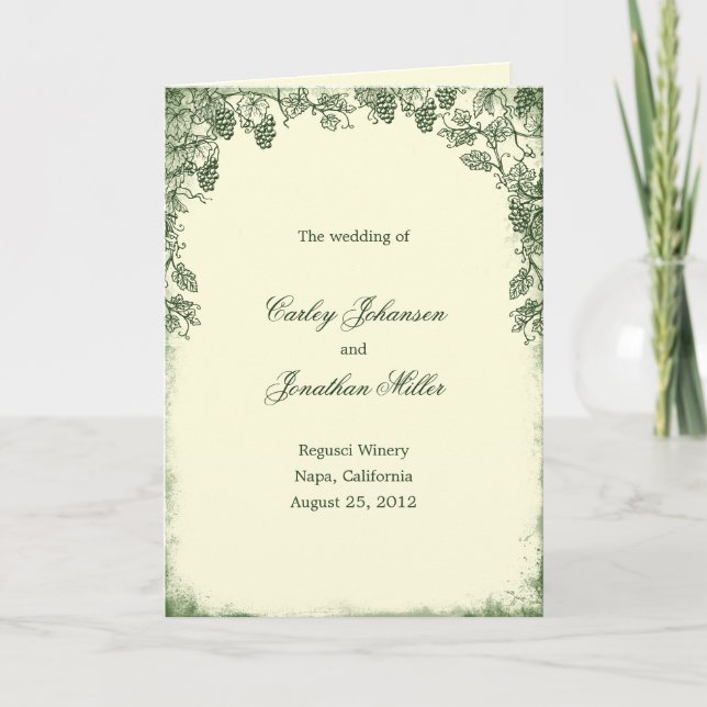 Rustic Vineyard Wedding Program Card - Green (Front)