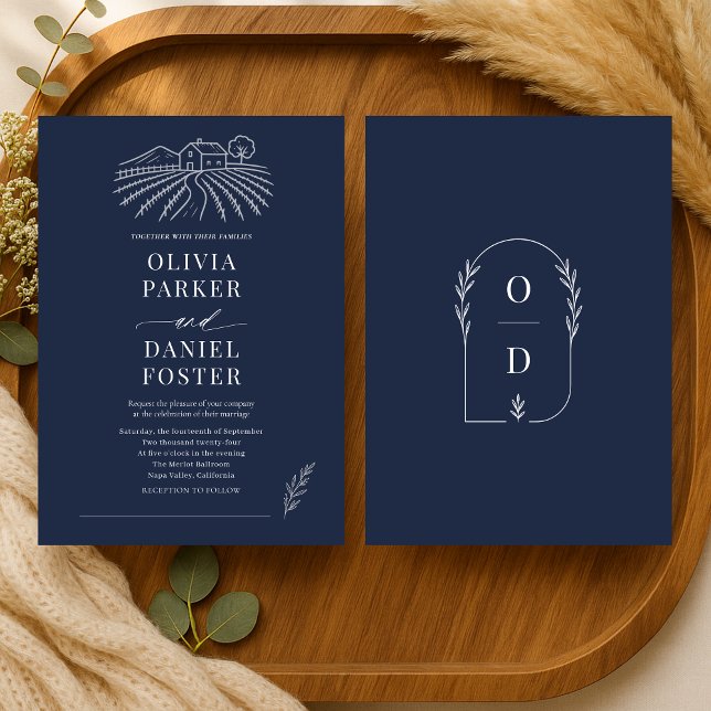 Rustic Vineyard Winery Navy Blue Line Art Wedding Invitation (Creator Uploaded)