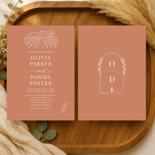 Rustic Vineyard Winery Terracotta Line Art Wedding Invitation (Creator Uploaded)