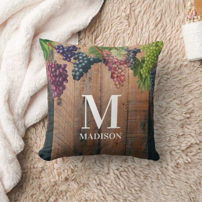 Rustic Vineyard Wood & Grapes Monogram Cushion (Blanket)