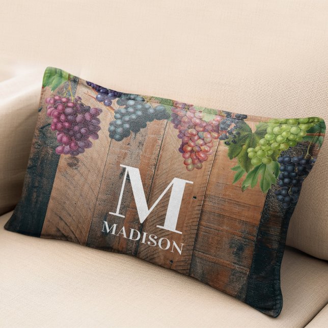 Rustic Vineyard Wood & Grapes Monogram Decorative Cushion (Rustic Vineyard Wood & Grapes Monogram Accent Pillow)