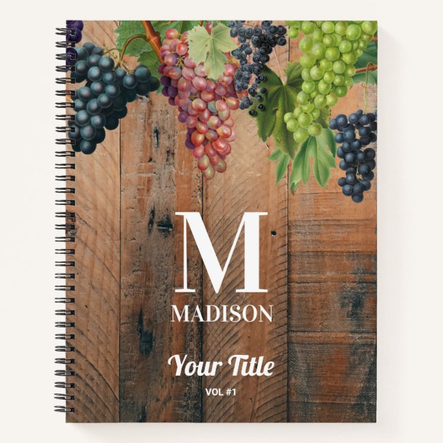 Rustic Vineyard Wood & Grapes Monogram Notebook (Front)
