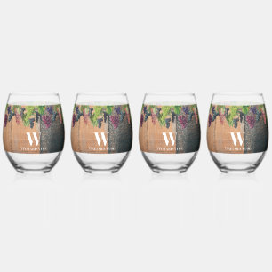 Rustic Vineyard Wood & Grapes Monogram Stemless Wine Glass
