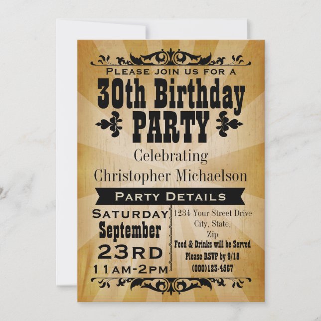 Rustic Vintage 30th Birthday Party Invitation (Front)