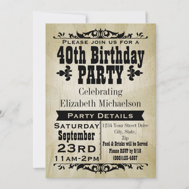 Rustic Vintage 40th Birthday Party Invitation (Front)