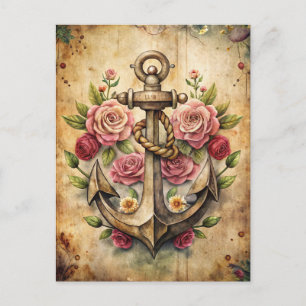 Rustic Vintage Anchor Roses Ocean Nautical Postcard