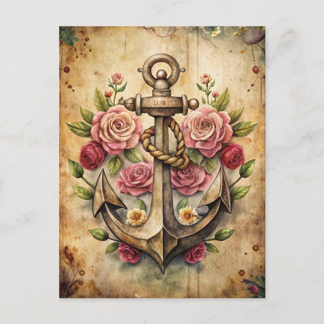 Rustic Vintage Anchor Roses Ocean Nautical Postcard (Front)