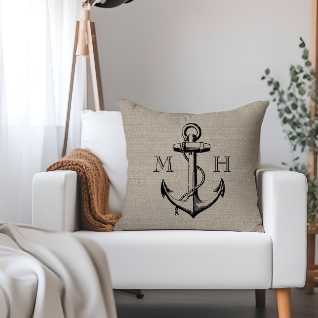 Rustic Vintage Anchor Wedding Monogram Cushion (Creator Uploaded)