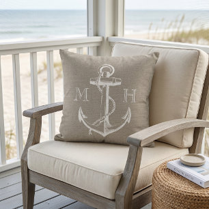 Rustic Vintage Anchor Wedding Monogram Outdoor Cushion