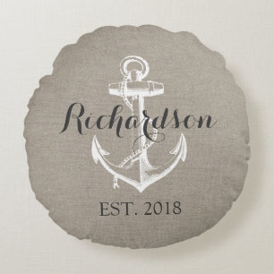 Rustic Vintage Anchor Wedding Monogram Round Cushion