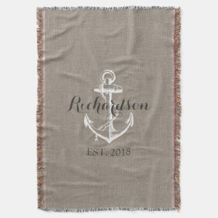 Rustic Vintage Anchor Wedding Monogram Throw Blanket