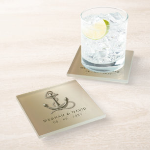Rustic Vintage Antique Anchor Nautical Wedding Ro Glass Coaster