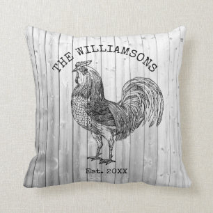 Rustic Vintage Antique Family Name Farm Rooster Cushion