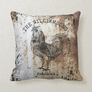 Rustic Vintage Antique Family Name Farm Rooster Cushion