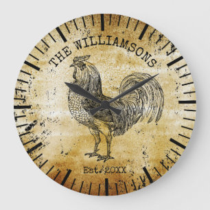 Rustic Vintage Antique Family Name Farm Rooster Large Clock