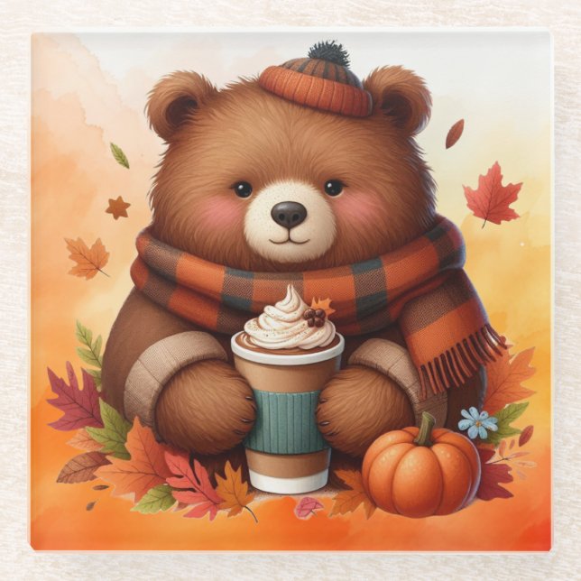 Rustic/vintage autumn bear glass coaster (Front)
