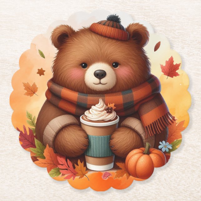 Rustic/vintage autumn bear paper coaster (Front)