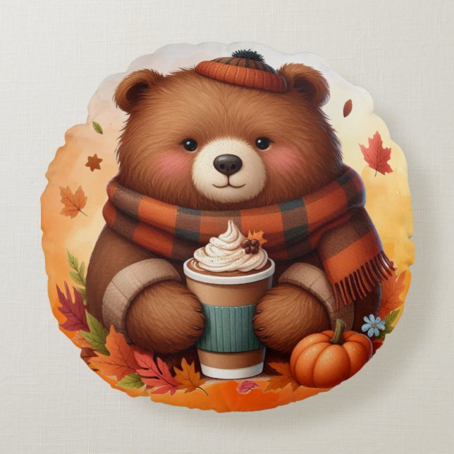Rustic/vintage autumn bear round cushion (Front)