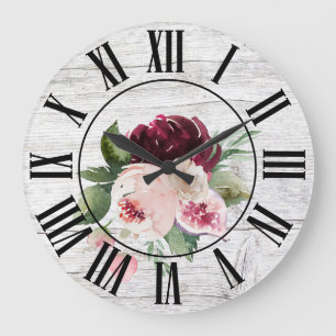 Rustic Vintage Barn Wood Burgundy Pink Floral Large Clock