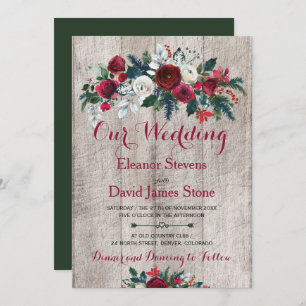 Rustic Vintage Barn Wood Red Green Floral Wedding Invitation
