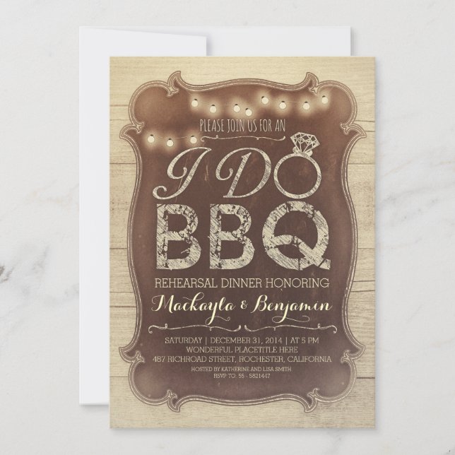 rustic vintage BBQ rehearsal dinner invitation (Front)
