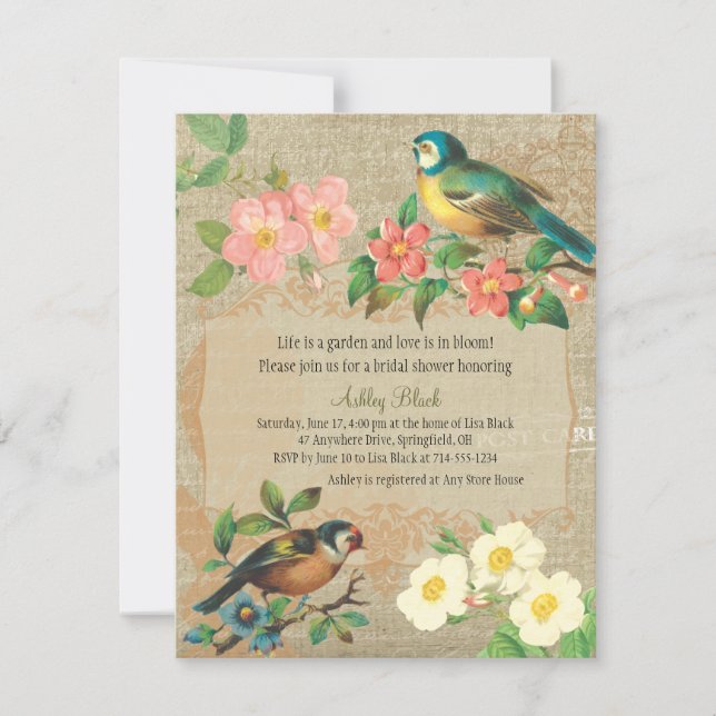 Rustic Vintage Birds and Flowers Bridal Shower Invitation (Front)