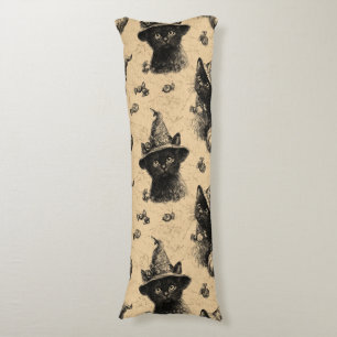 Rustic Vintage Black Cat Witch Halloween Pattern Body Cushion