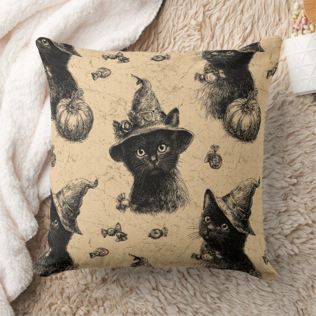 Rustic Vintage Black Cat Witch Halloween Pattern Cushion (Blanket)