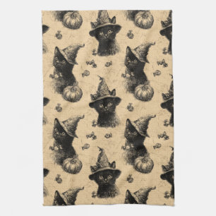 Rustic Vintage Black Cat Witch Halloween Pattern Tea Towel