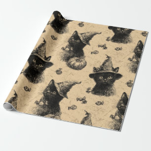 Rustic Vintage Black Cat Witch Halloween Pattern Wrapping Paper