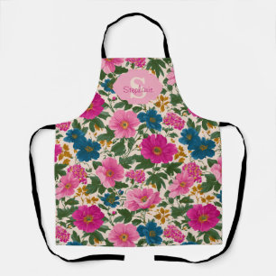 Rustic Vintage Blue and Pink Floral Pattern Apron
